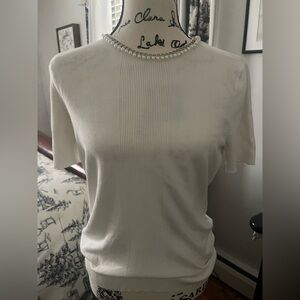 NWOT Karl Lagerfeld Pearl Embroidered Neck Short Sleeve Knit Top Women’s Sz Med